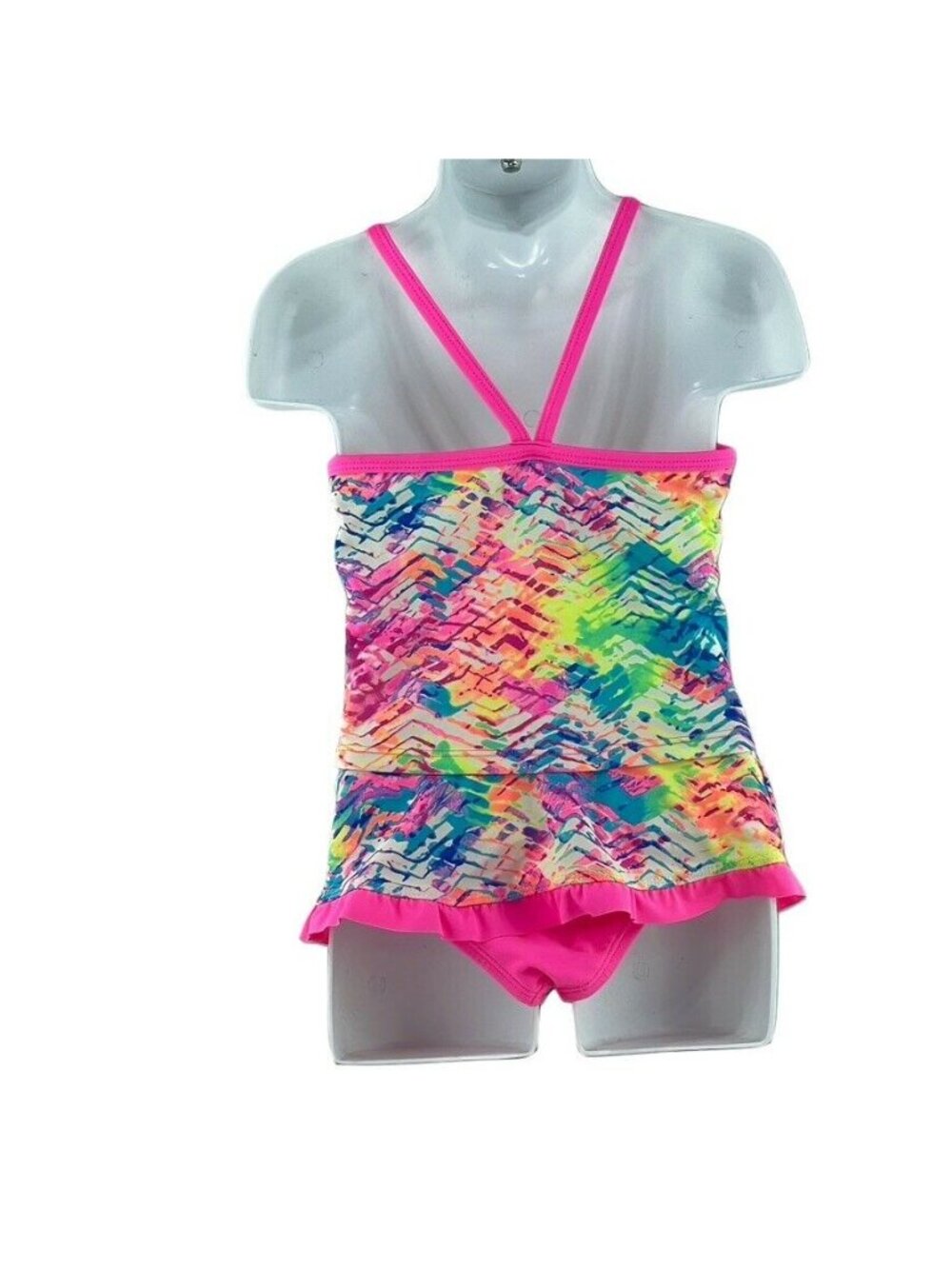 Laguna Girls Multicolor Tiered Tankini Swimsuit Size 5 Neon Chevron Print Adjust - Picture 2 of 7